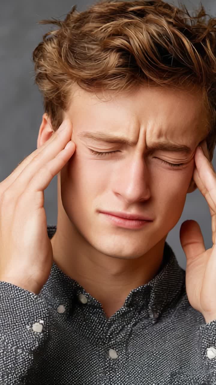 Primo piano di un giovane che esprime disagio e tensione, illustrando espressioni facciali di sforzo, stress e profonda riflessione