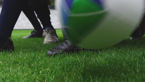 male rugby players playing rugby match in stadium 4k