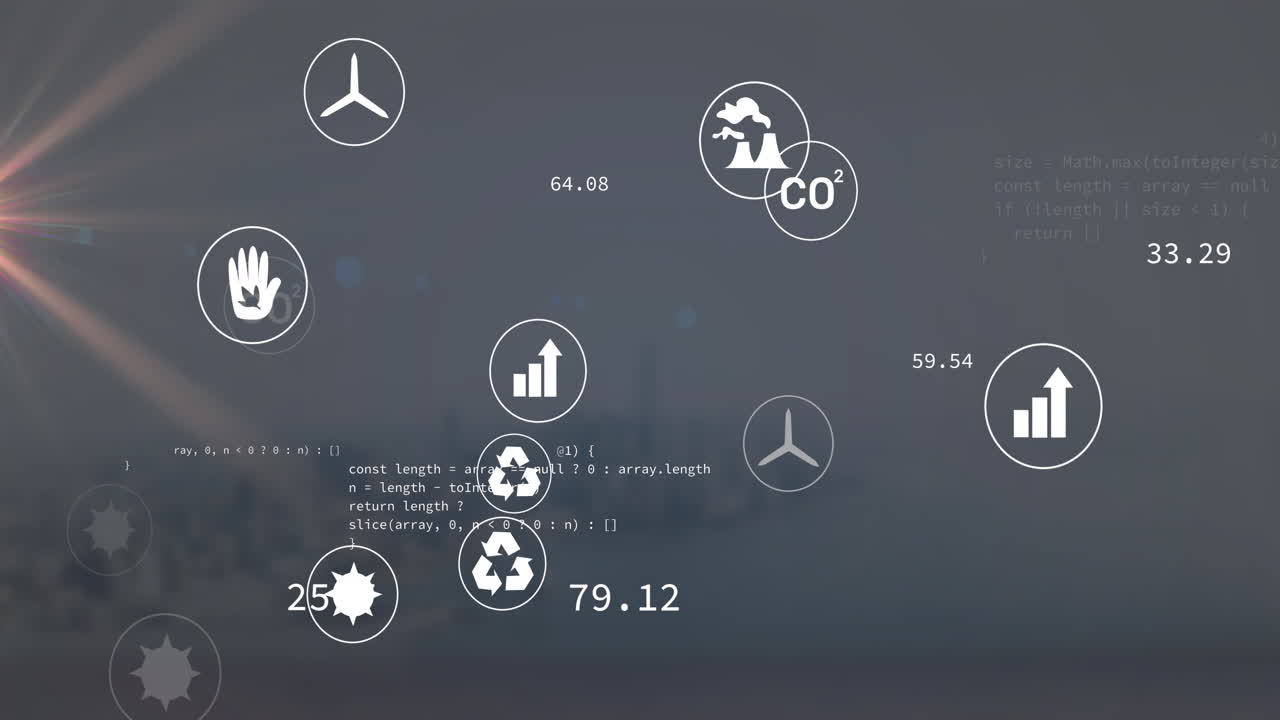 Animation of computer language and multiple icons over blurred aerial view of ocean and city