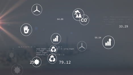 animación de lenguaje informático y múltiples iconos sobre vista aérea borrosa del océano y la ciudad