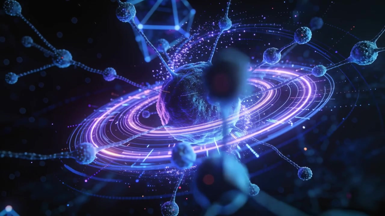 Telecamera che orbita dopo la centratura, rivelando un nucleo testurizzato, anelli al neon e viticci nel vuoto
