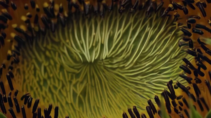 Vista macro dettagliata dei petali di un girasole e del suo centro intricato