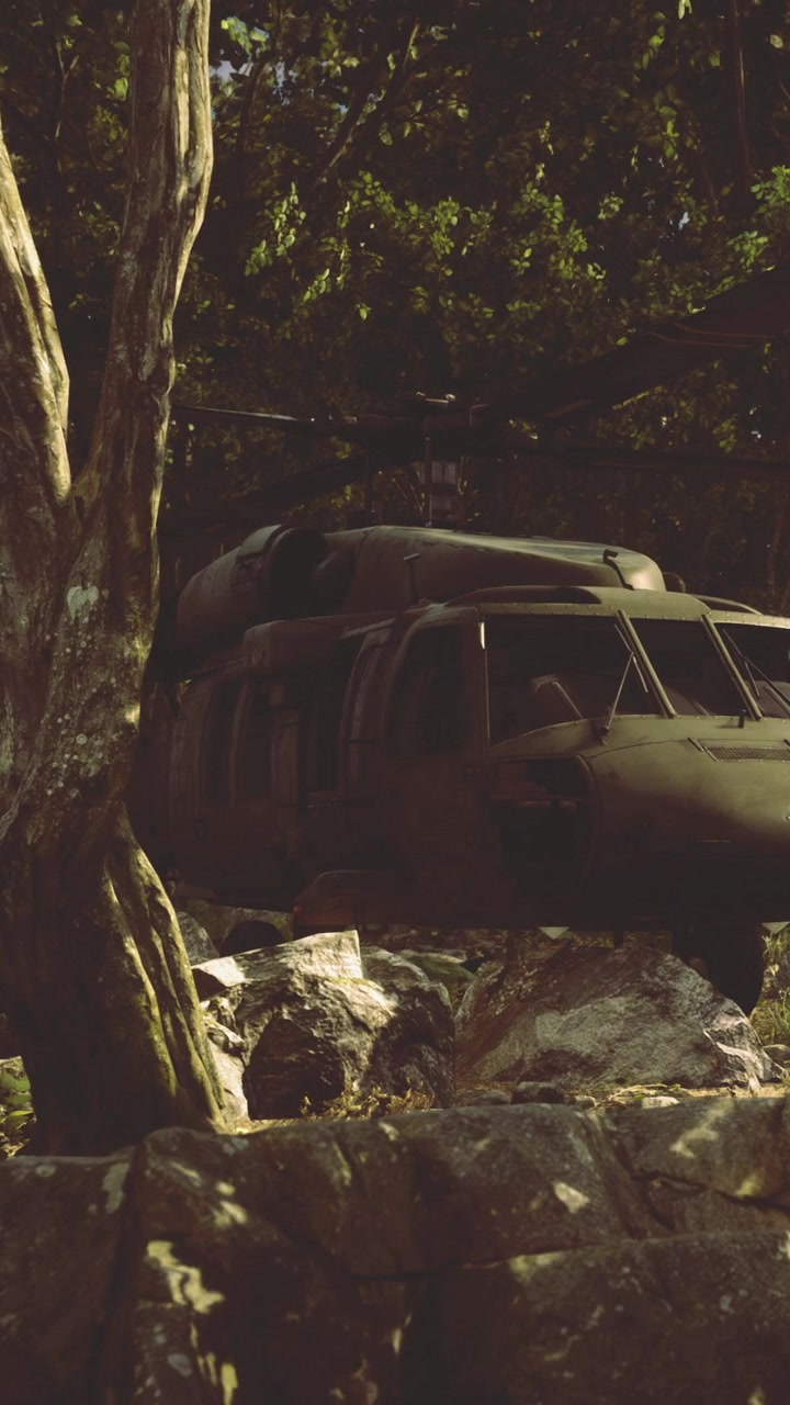 Military helicopter parked in forested area with rocks and trees nearby