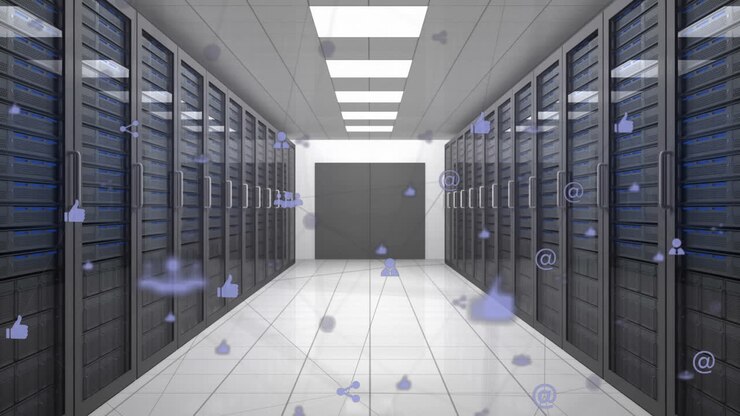Web of connections icons against server room