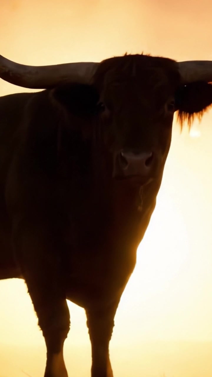 Toro in silhouette contro un vibrante paesaggio al tramonto, che cattura la natura maestosa e il fascino rustico del bestiame in un tranquillo ambiente rurale