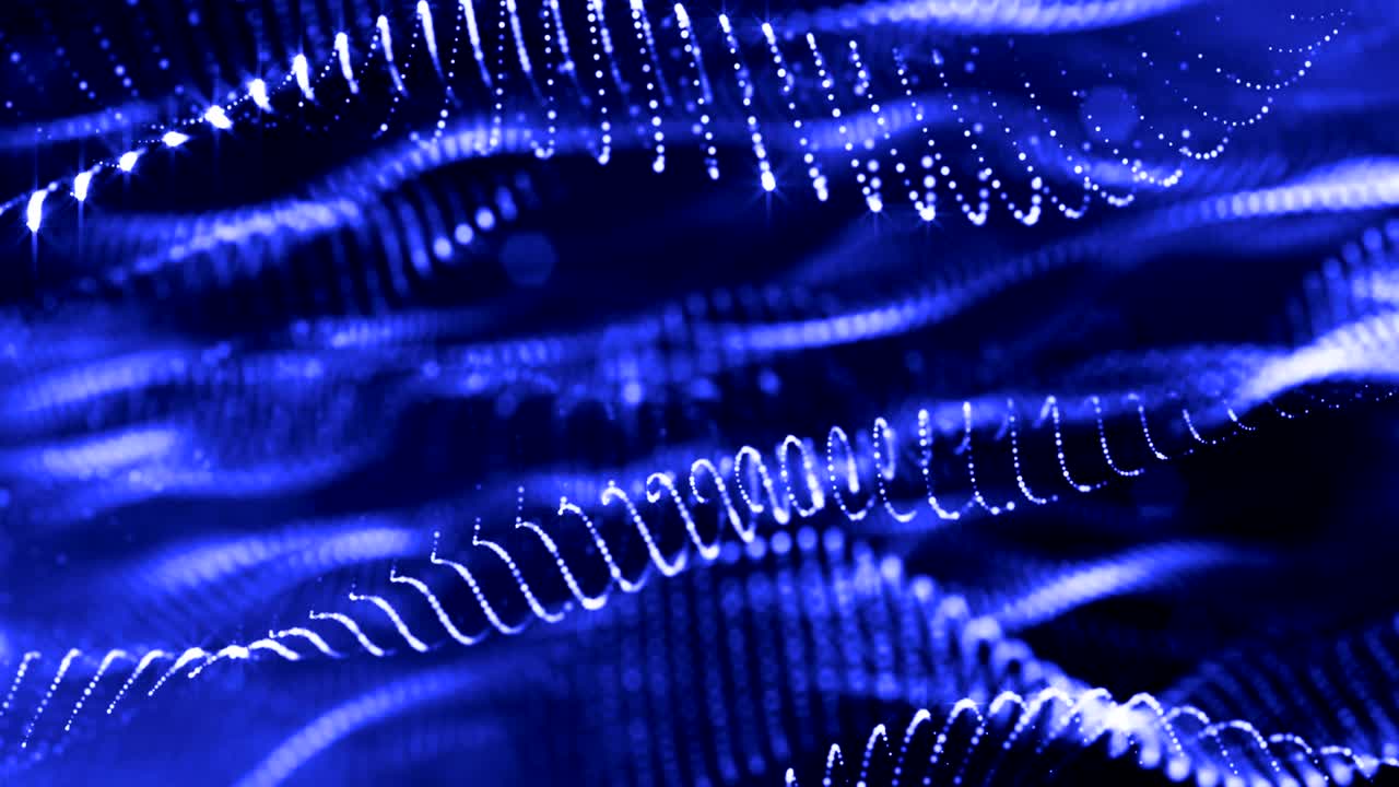 4k 3d render of glow particles as abstract seamless dynamic background with depth of field and bokeh. Science fiction or microcosm, space or digital abstract space. 3d loop animation. Blue strings 16