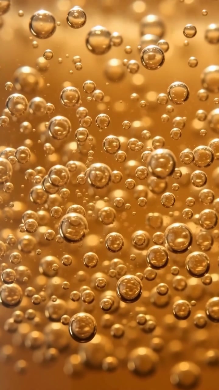 Bolle in un liquido che galleggiano e salgono, in primo piano di una bevanda, con bolle, liquido, da una prospettiva ravvicinata, con accenti dorati, marroni, e un'atmosfera dinamica e vivace