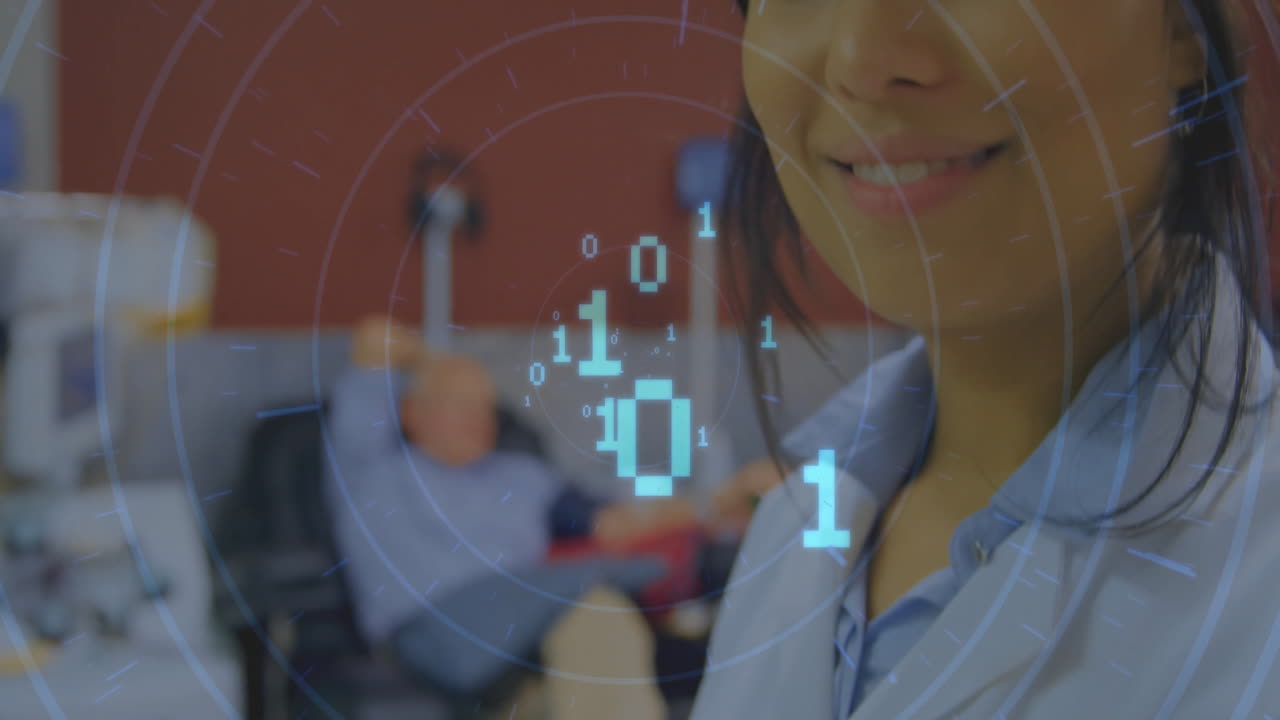 Nurse guiding patient donating blood in clinic, showing health tech with floating radar graphics