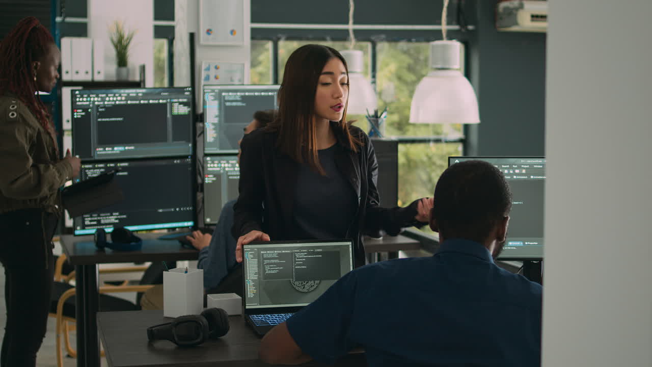 Asian database programer explaining software development