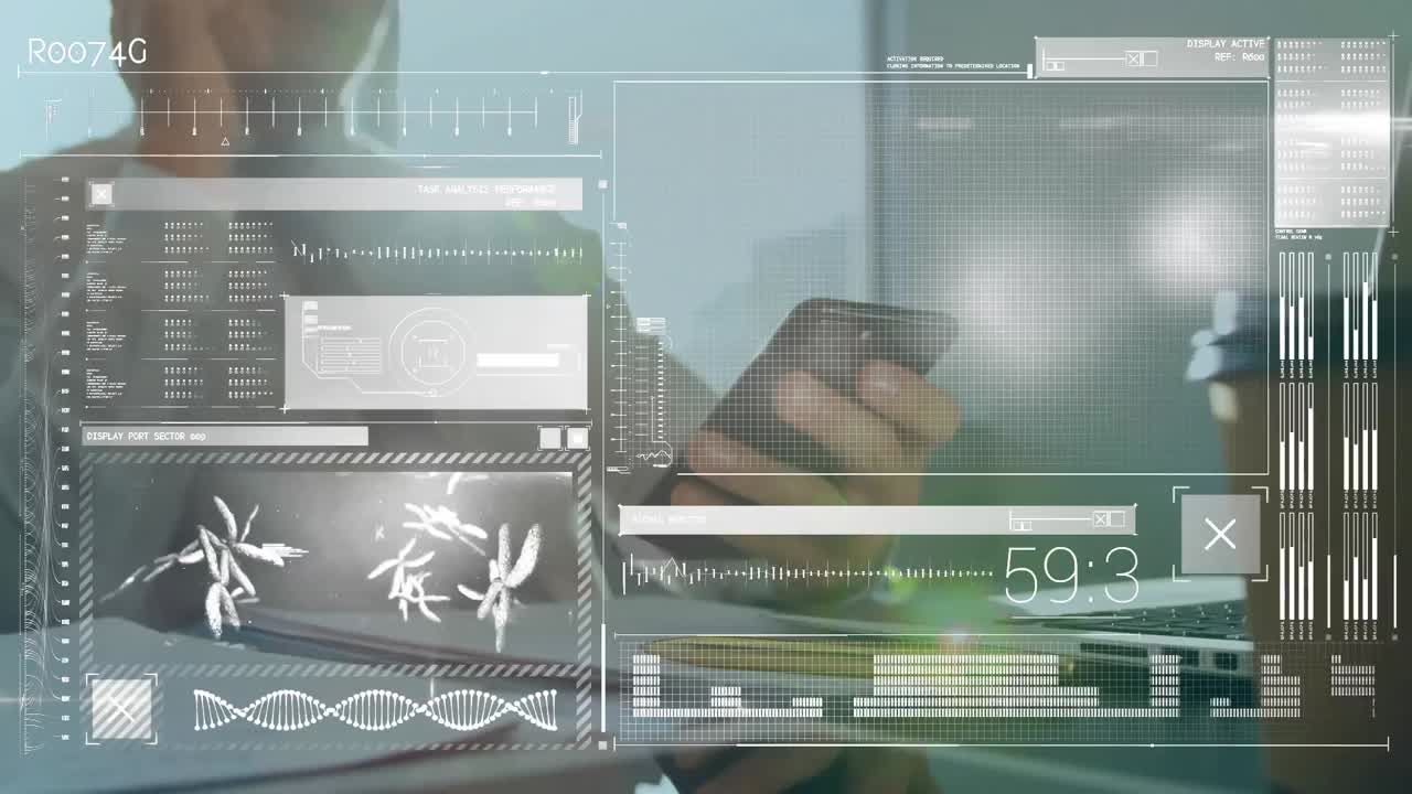 Animation of data processing over woman using laptop