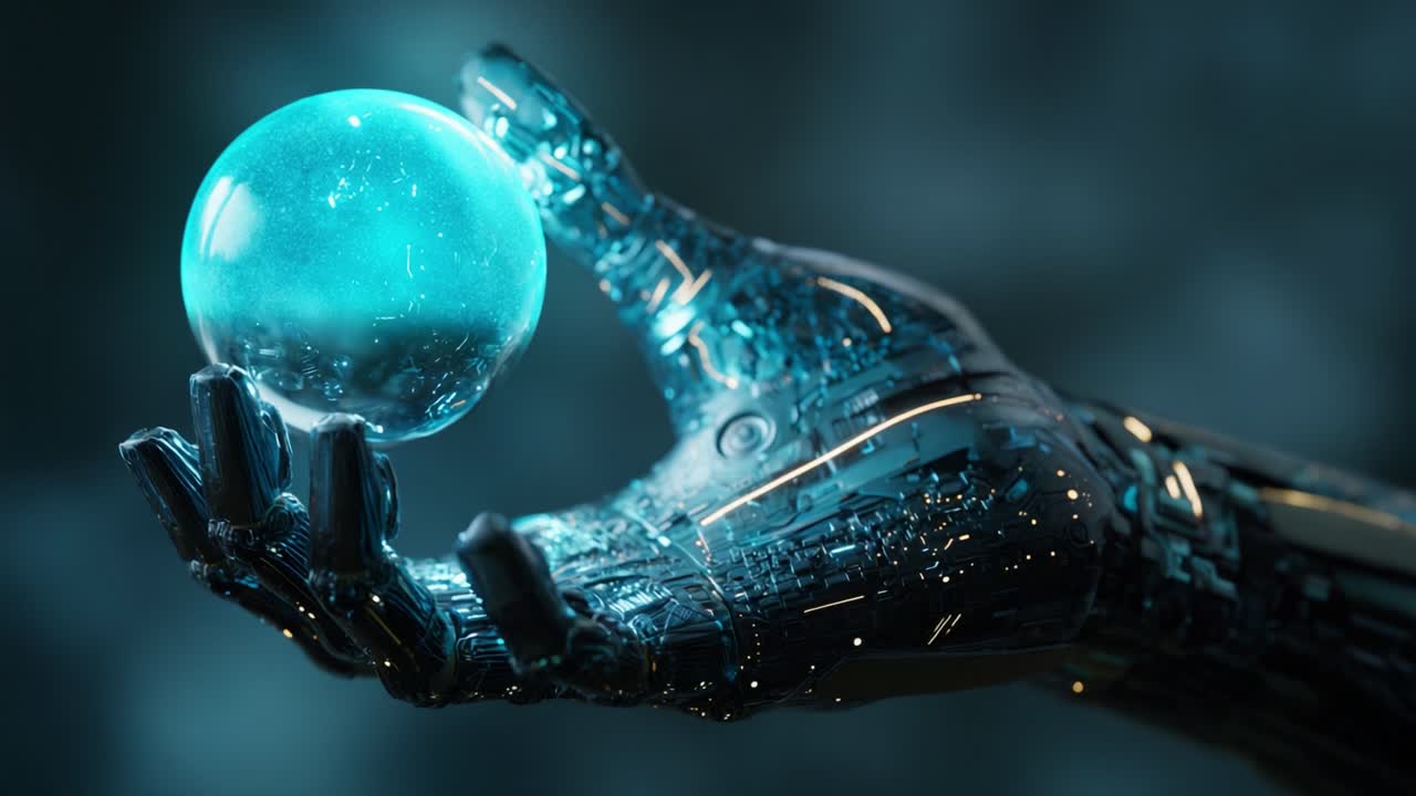 A futuristic robotic hand delicately holds a glowing orb, evoking themes of technology, innovation, and the intersection of artificial intelligence and human creativity in a vivid, digital landscape