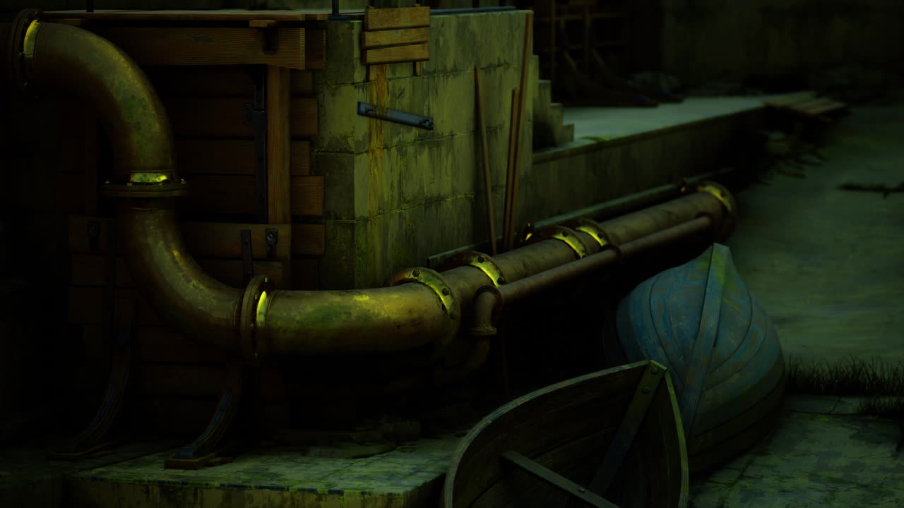 tuberías y barcos por un muelle tranquilo al crepúsculo en un lugar sereno