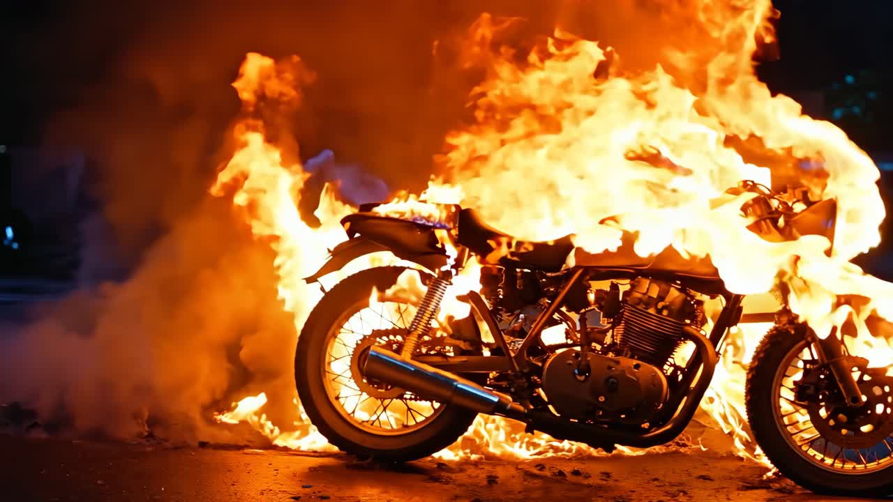 una motocicleta está envuelta por llamas en la calle