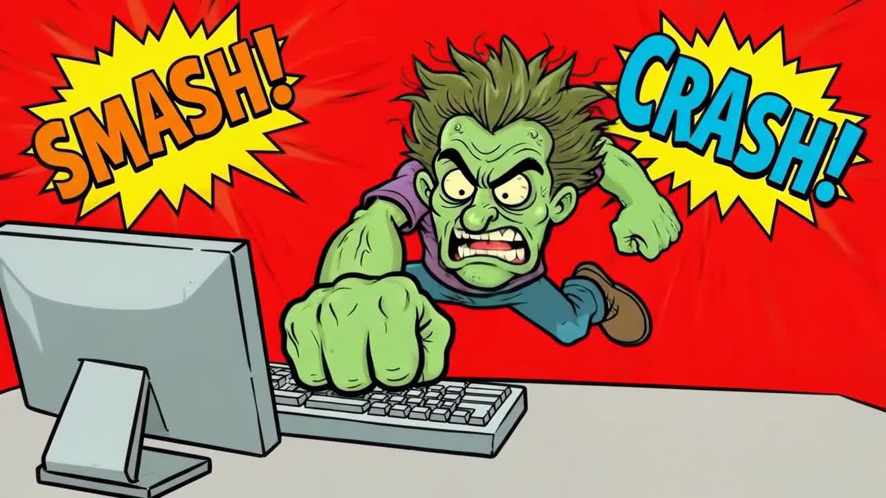 Cartoon Monster Destroys Computer Keyboard in Anger
