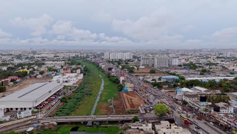 motion video of business area in a city with greenery and suburb cityscape. aerial view.