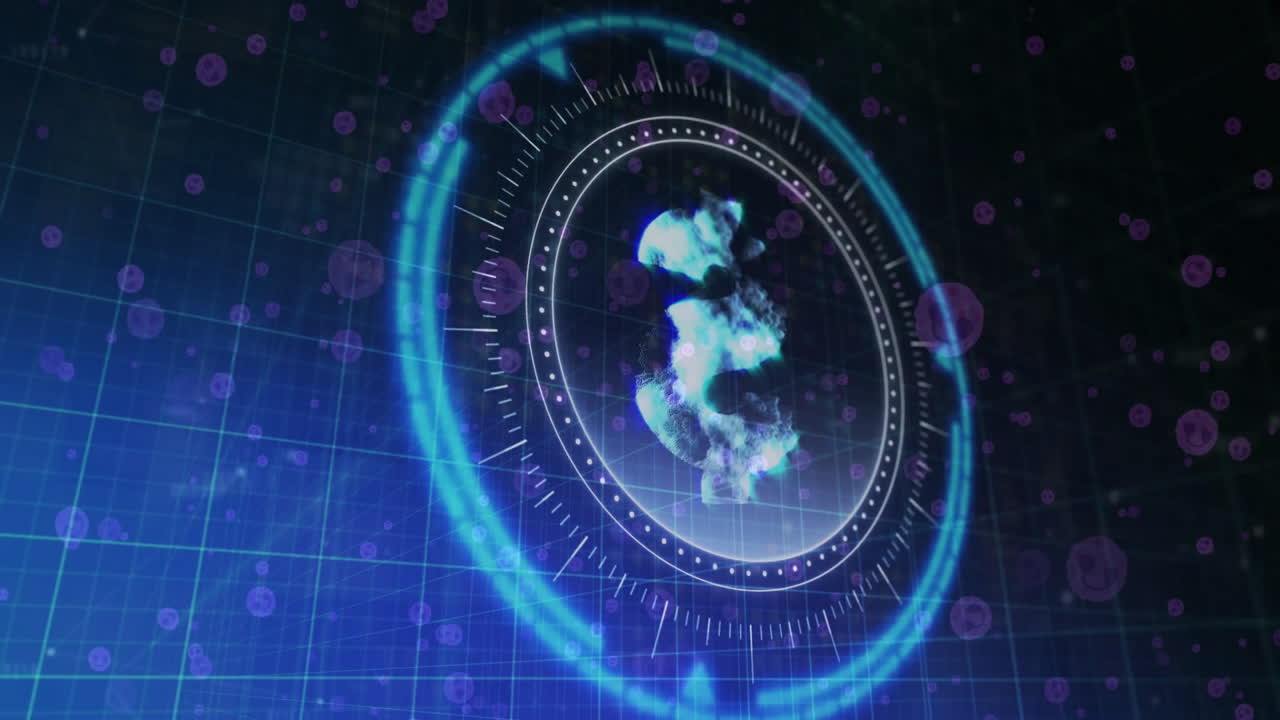 Digital interface with rotating circular elements and glowing particles animation