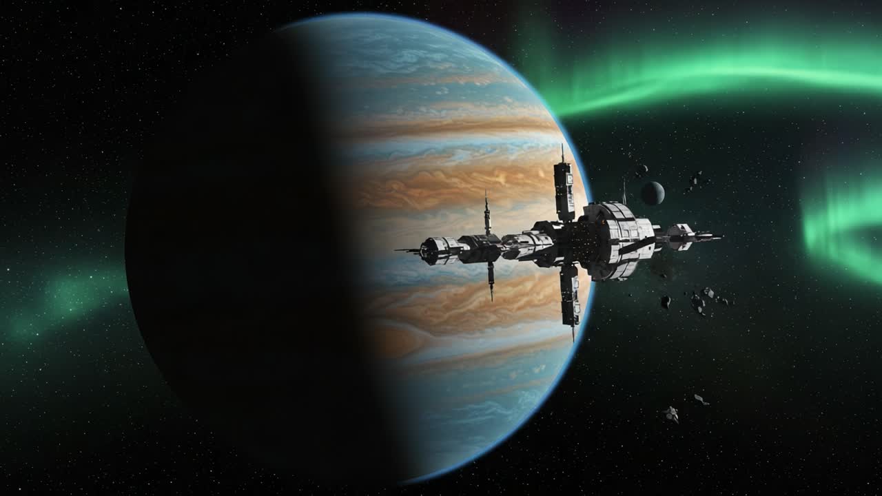 A Stunning View of a Floating Space Station Orbiting a Distant Gas Giant Beneath a Lush Aurora and Cosmic Wonders in the Vastness of Space