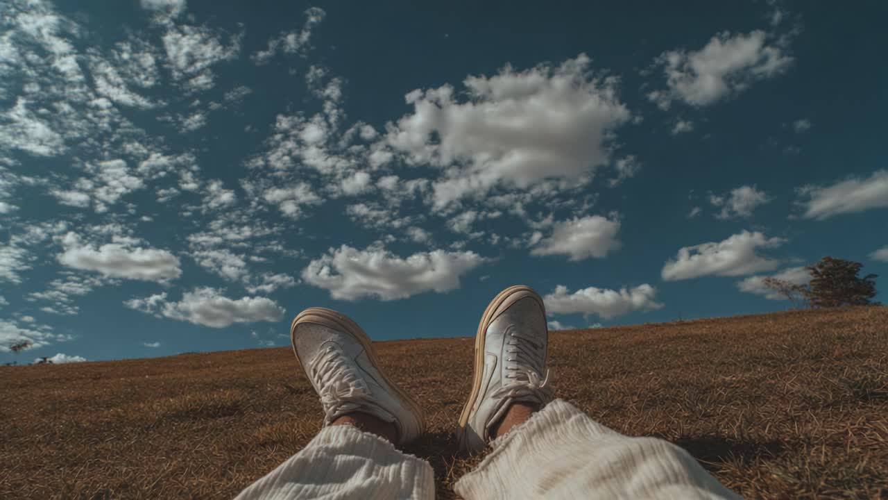 Relaxing Leisure Pose on a Grass Field Under a Blue Sky with Wispy Clouds - A Journey of Serenity and Calmness Captured in Two Frames