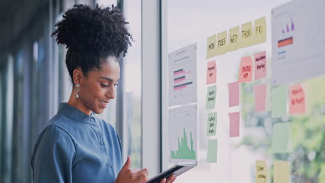 tablet, schedule and business woman on glass