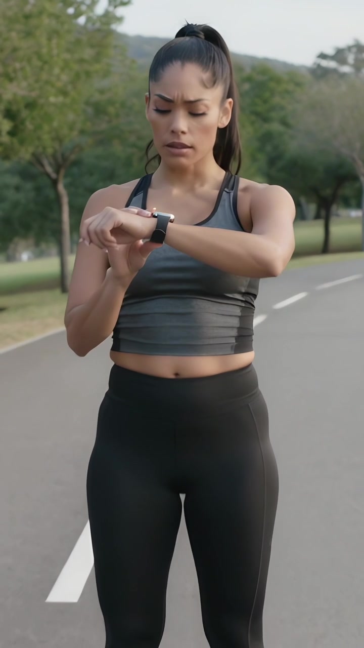 Vertical video: Tapping smartwatch, woman runner preparing timed run in sportswear on park road