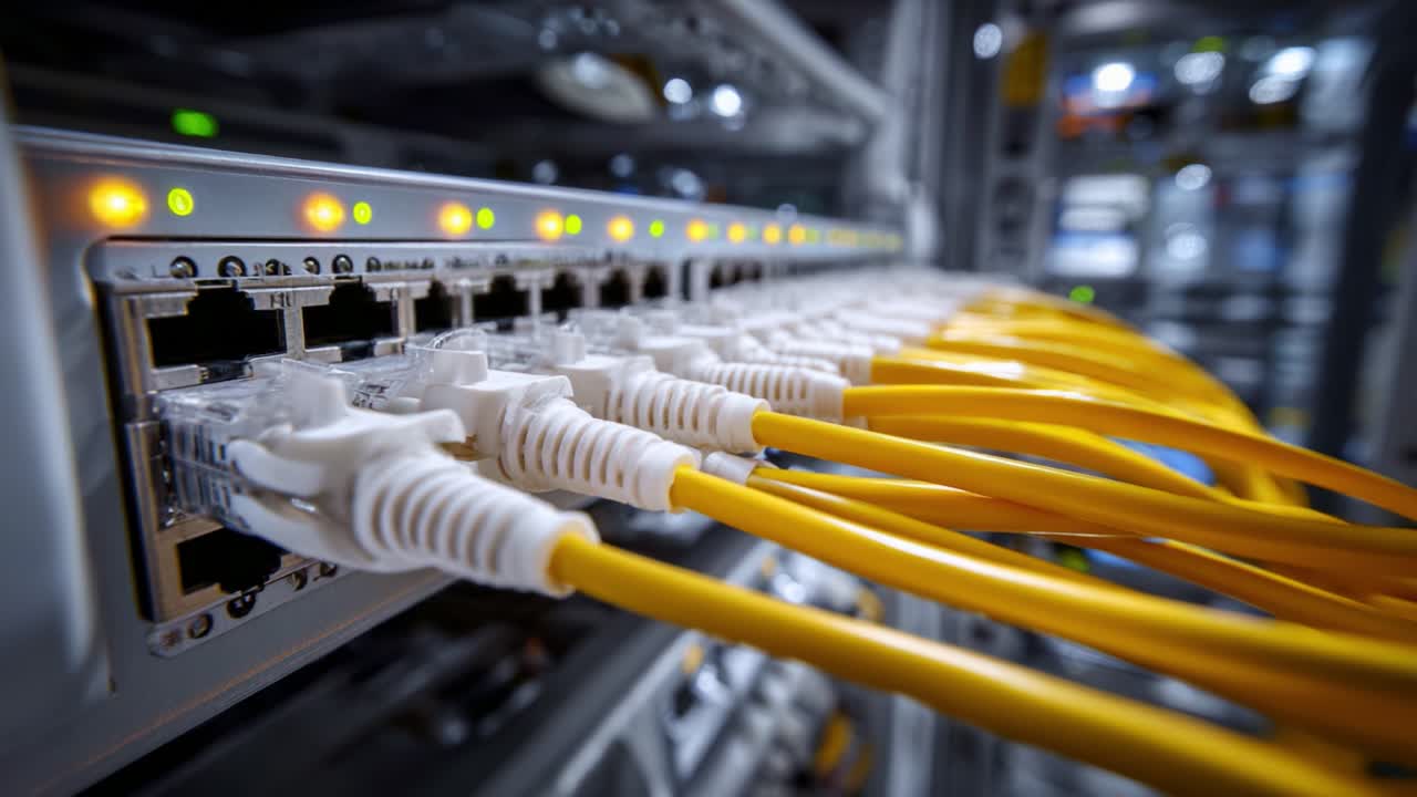 A close-up view of network cables connected to a server rack, illustrating data transmission and connectivity in a modern data center environment