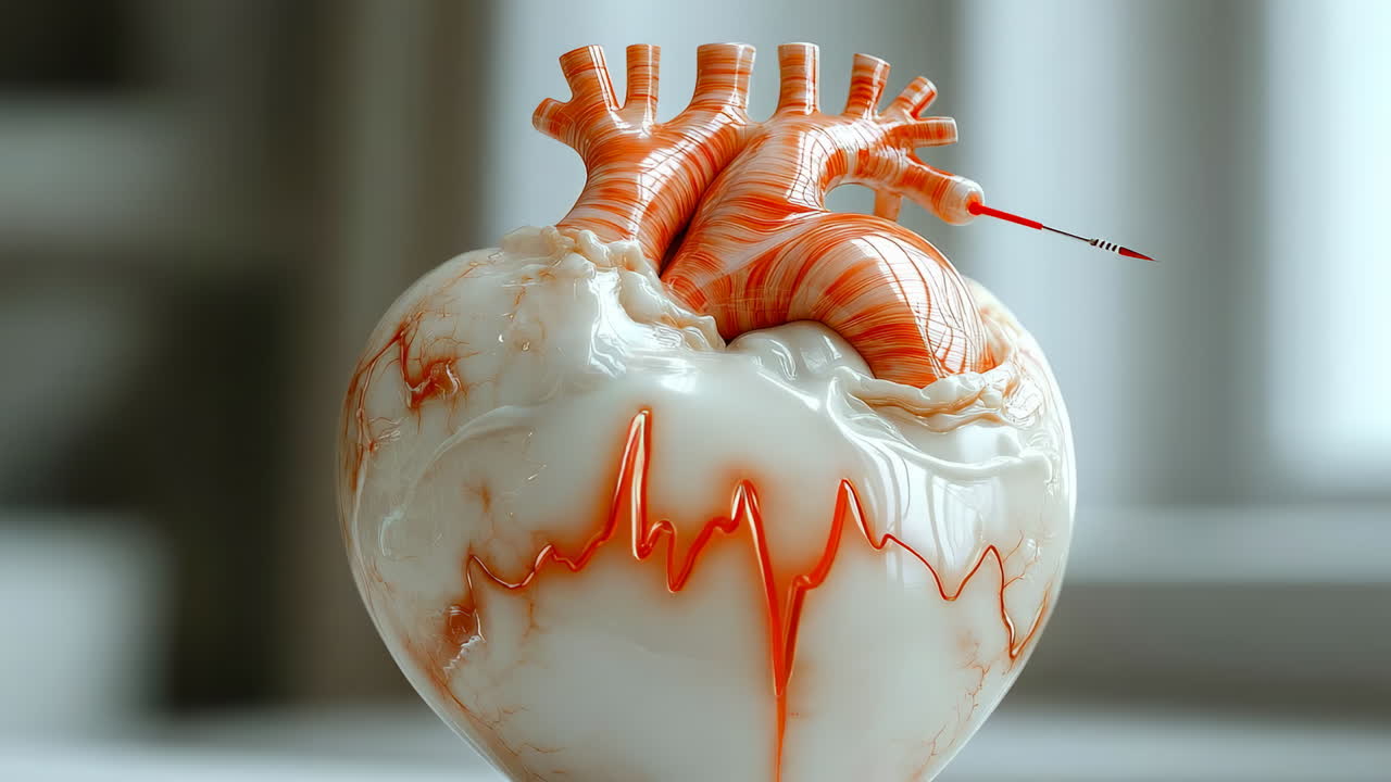 Medical model of a heart with a syringe injecting substance, illustrating anatomy in a clinical setting