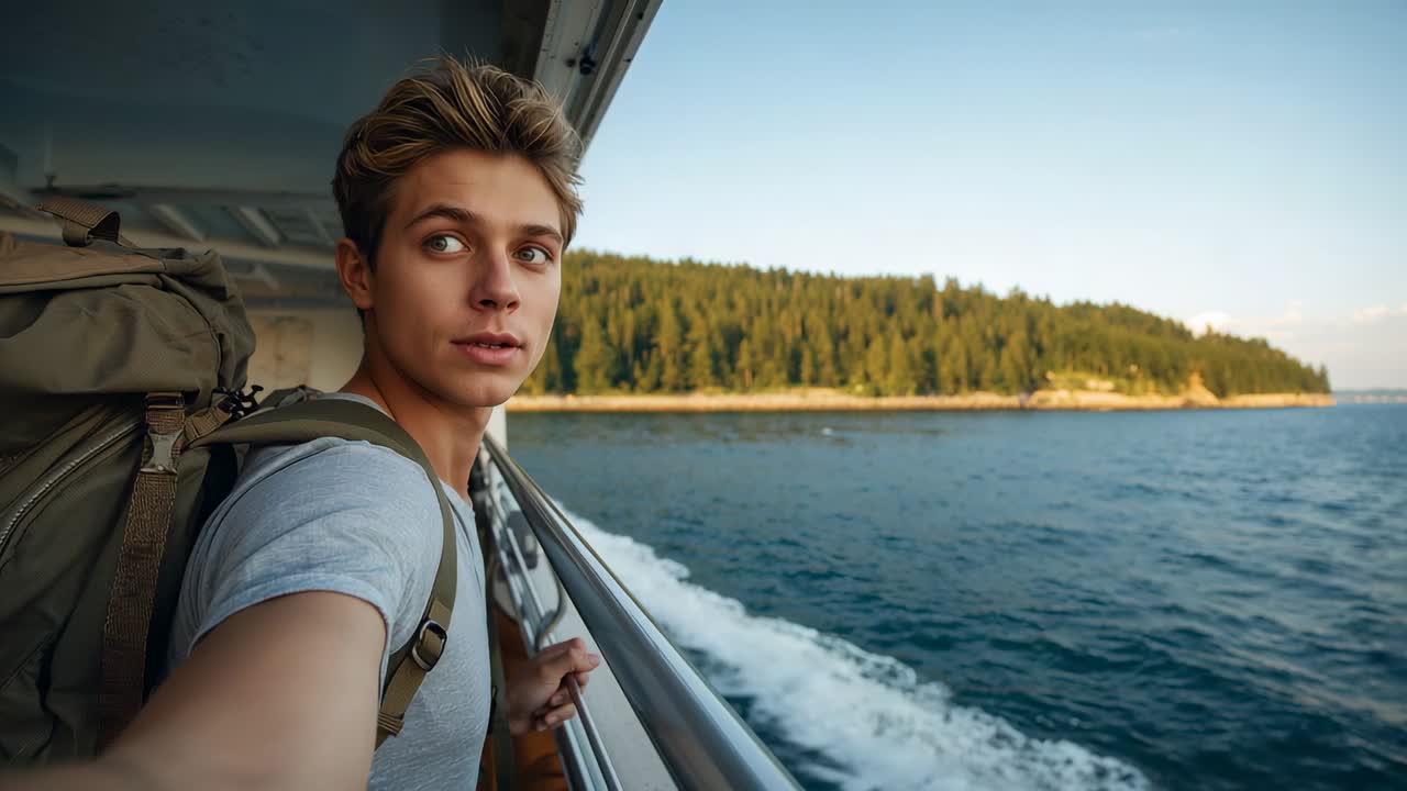 Ein Reisender in einem leichten T-Shirt mit Rucksack, der sich der Küste zuwendet, während eine Fähre am Ufer vorbeifährt, an der Reling