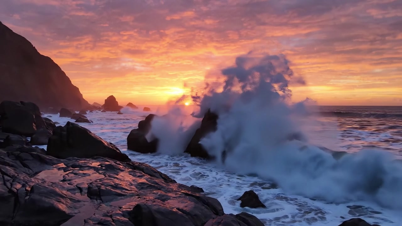 En betagende havutsikt ved solnedgang: Se de levende fargene som reflekteres i bølgene blant steinete fremspring og en fantastisk horisont.