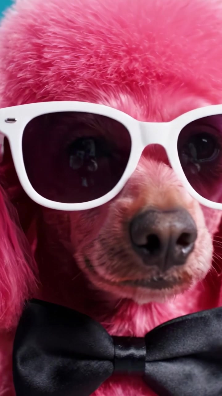 Ein stylischer rosa Pudel präsentiert seine Persönlichkeit mit Sonnenbrille und Fliege vor einem lebendigen Hintergrund, perfekt ausgestattet für jeden lustigen Anlass