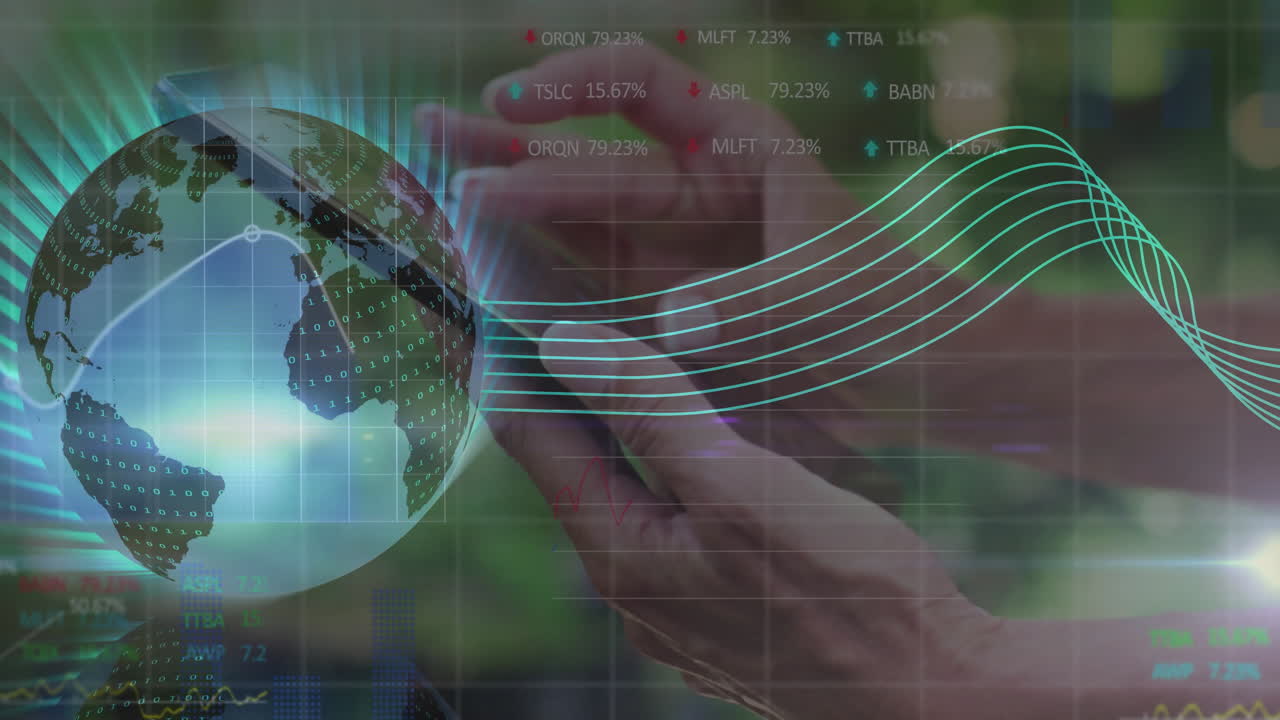 Woman's hands tapping smartphone on patio overlaying digital globe with code and finance charts