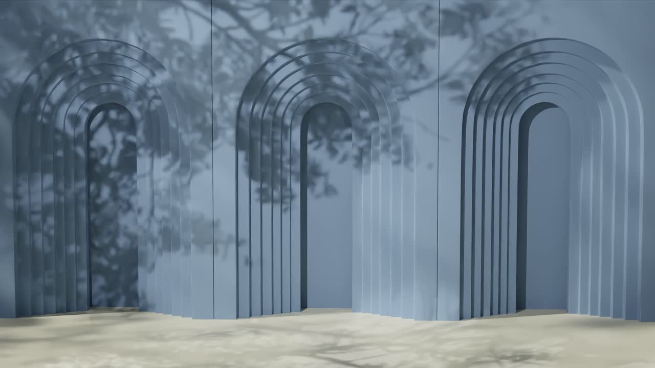Geometric arched blue wall with layered cutouts and shadows of tree branches. 3D architectural background. Design for banner, poster, wallpaper, and header.