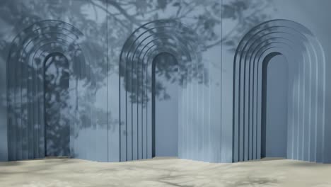 geometric arched blue wall with layered cutouts and shadows of tree branches. 3d architectural background. design for banner, poster, wallpaper, and header.