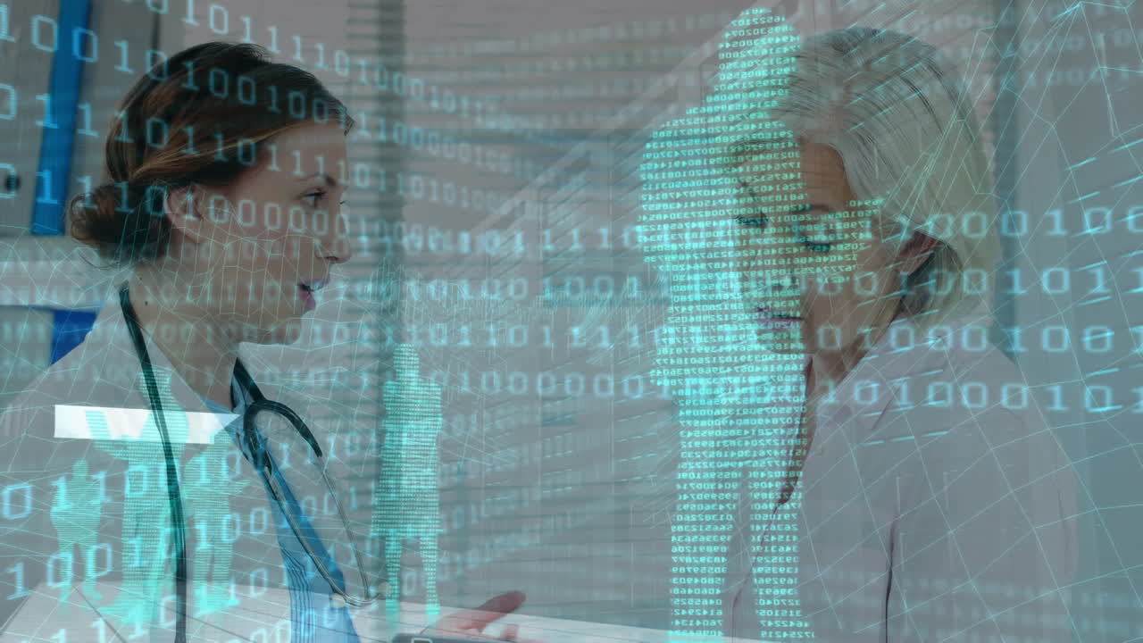 animación del procesamiento de datos de codificación binaria sobre una paciente y un médico