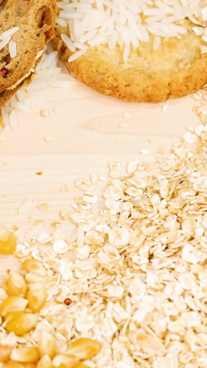 Una mano seleziona biscotti all'avena da una distesa di cereali e semi su una superficie di legno, sotto un'illuminazione calda