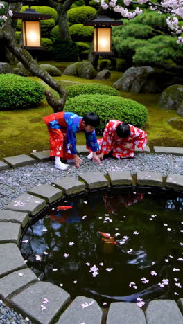 children in kimonos at a japanese garden with cherry blossoms