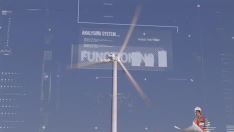 digital animation showcases wind turbine and engineer focusing on environmental development.