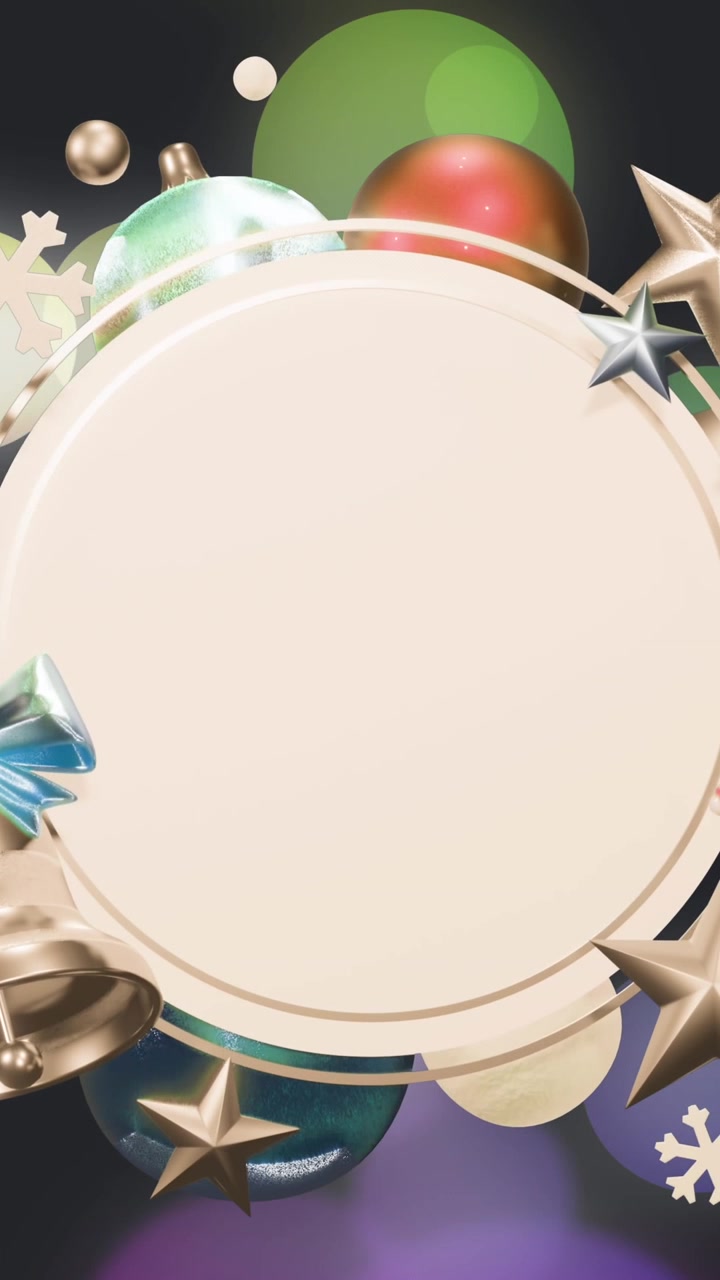 Animazione di decorazioni natalizie attorno a un cartello circolare bianco vuoto sopra punti luce colorati