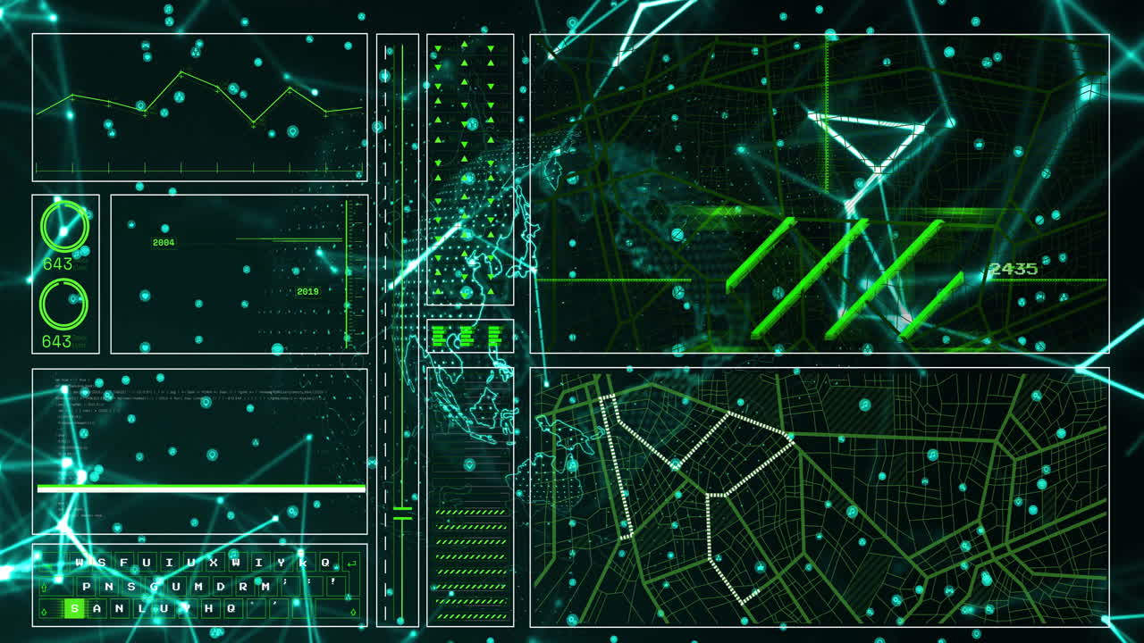 Animation of digital data processing and network of connections over black background