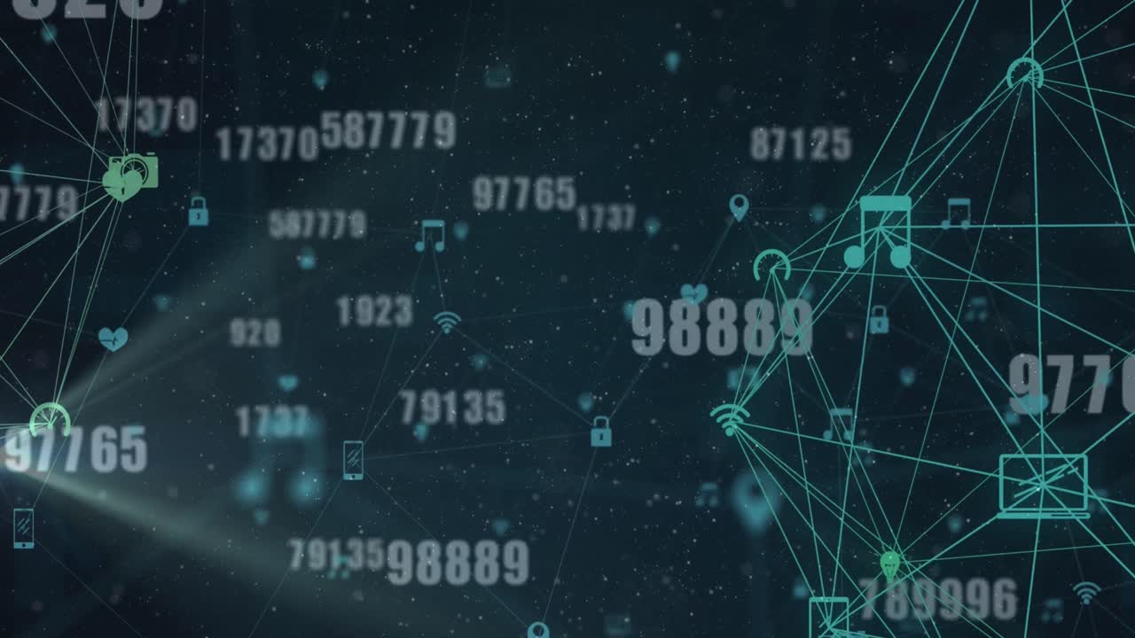 Animation of multiple changing numbers over globe of digital icons spinning against blue background