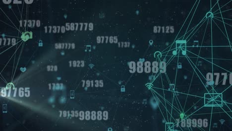 animation of multiple changing numbers over globe of digital icons spinning against blue background