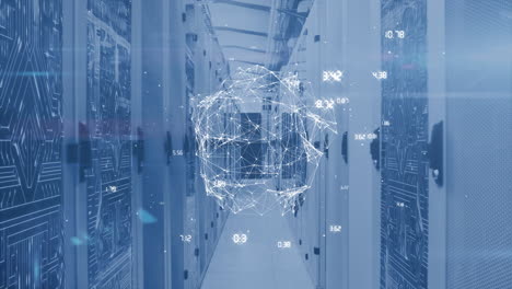 digital network sphere animation over servers in data center hallway