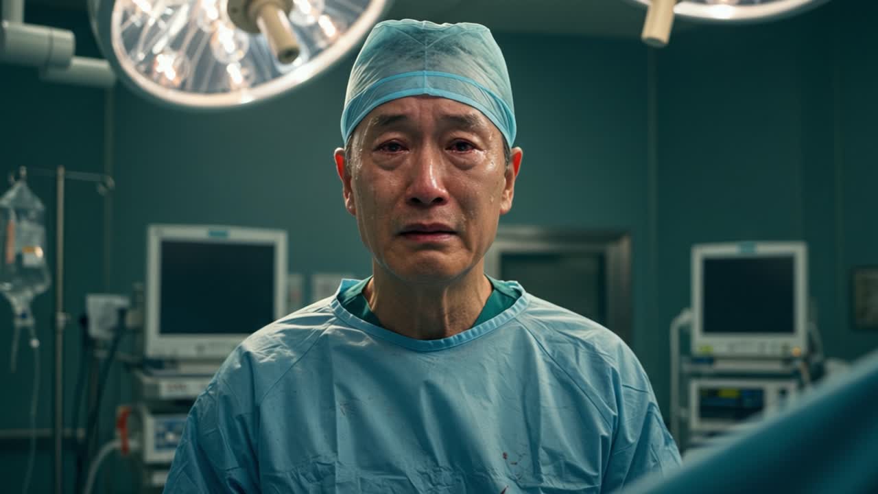 A surgeon in a hospital operating room displays deep emotional distress as he confronts a difficult situation during surgery. The man wears a surgical gown and cap, with tears rolling down his cheeks, revealing the weight of responsibility and the intensity of the moment. Medical equipment surrounds