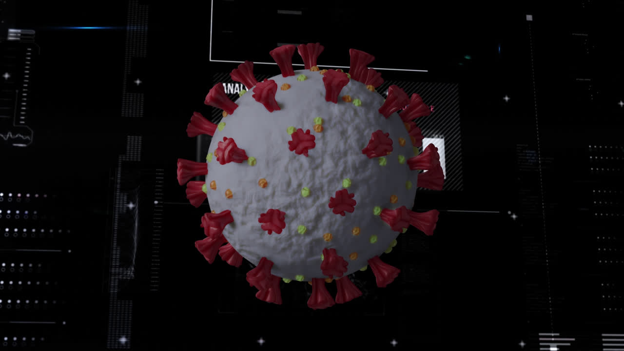 animación digital de la célula de covid-19 a través de la interfaz digital con procesamiento de datos en fondo negro