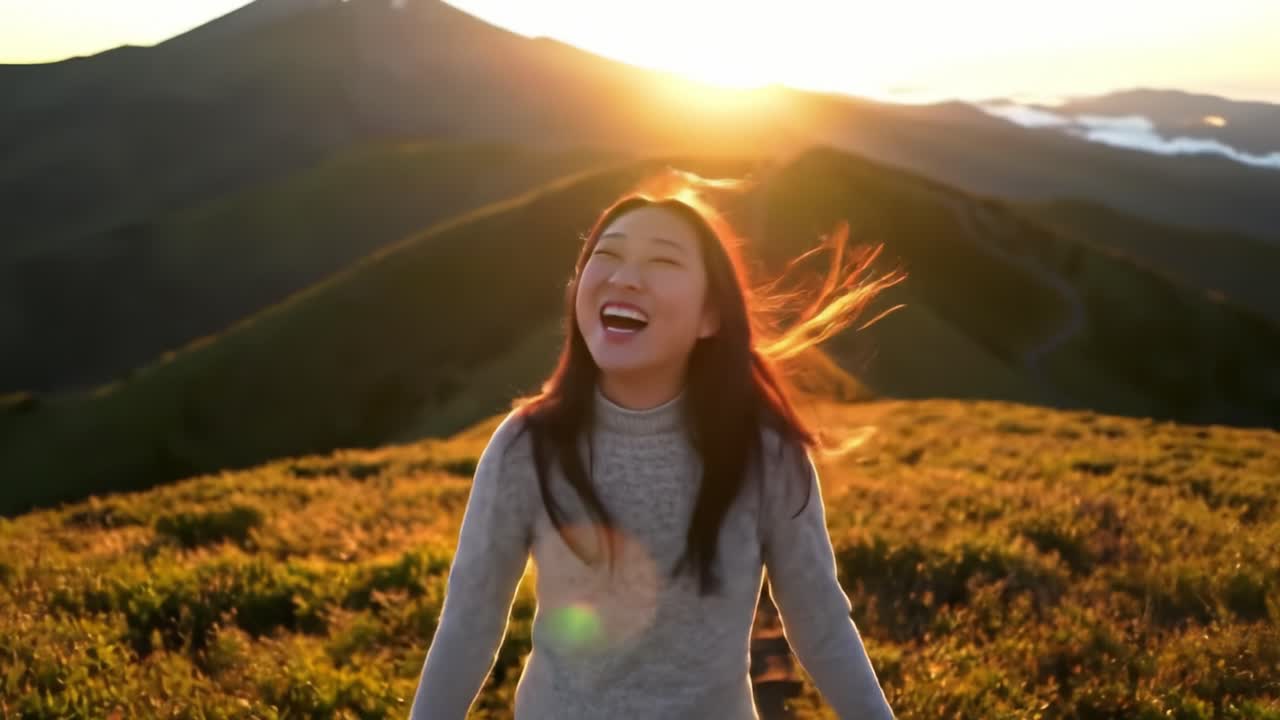 A Joyful Moment in Nature: Captivating Smiles at Sunset on a Mountain Adventure, Embracing the Beauty of the Outdoors and the Thrill of Freedom