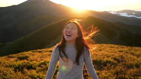 a joyful moment in nature: captivating smiles at sunset on a mountain adventure, embracing the beauty of the outdoors and the thrill of freedom