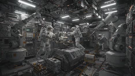 astronauts collaborating in a high-tech space environment with robotic arms activating equipment and tools for advanced scientific experiments and research