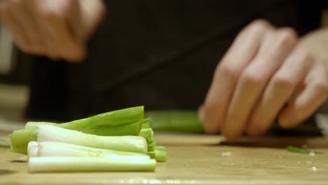 cutting scallion by a knife on wooden board