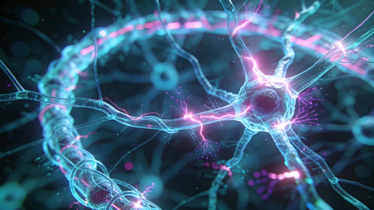 Neuron soma receiving magenta pulse along dendrite, sending sparks and lighting network for science