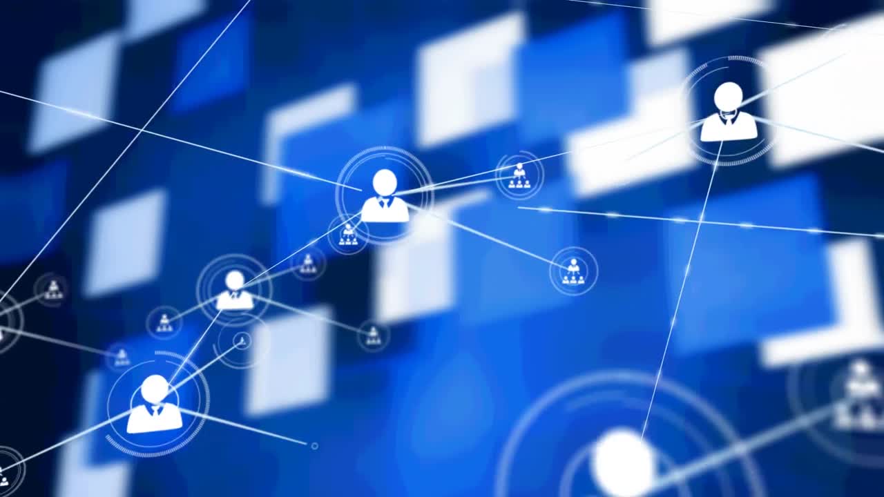 animación de redes de conexiones con iconos sobre formas azules sobre fondo negro
