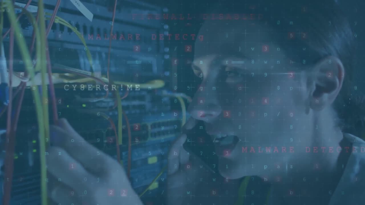 Animation of cyberattack warning with data processing over caucasian woman in server room